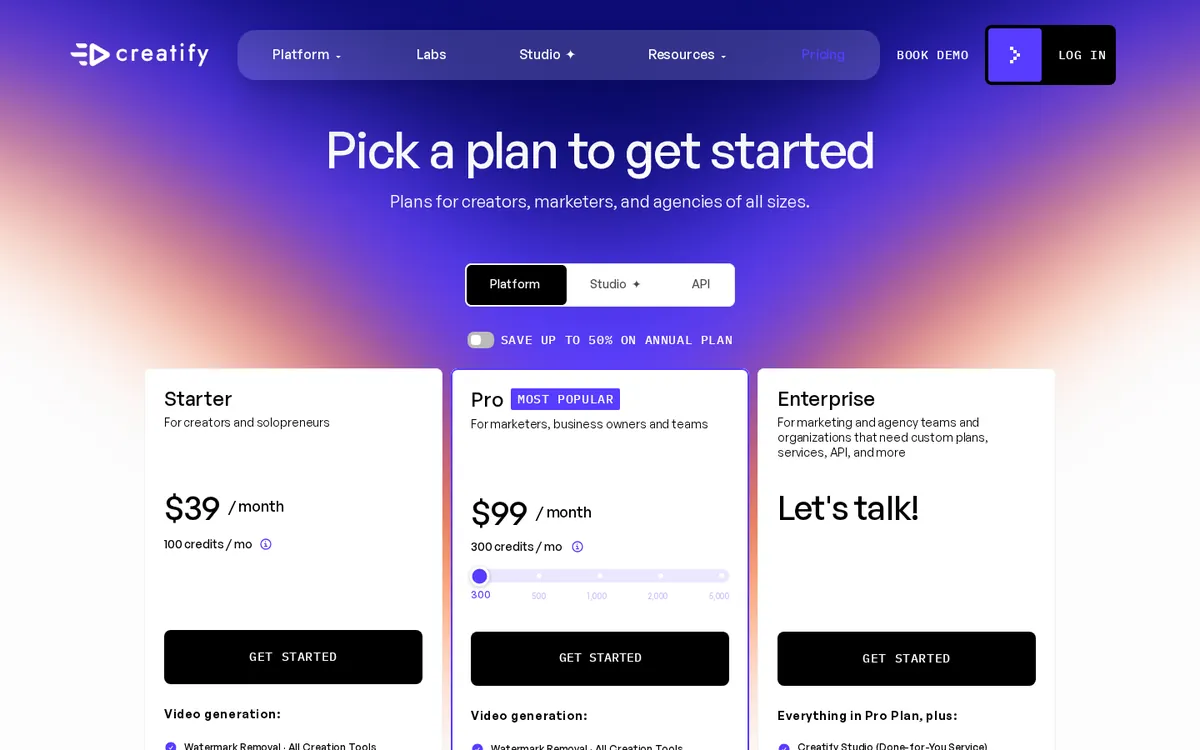 Creatify's pricing page