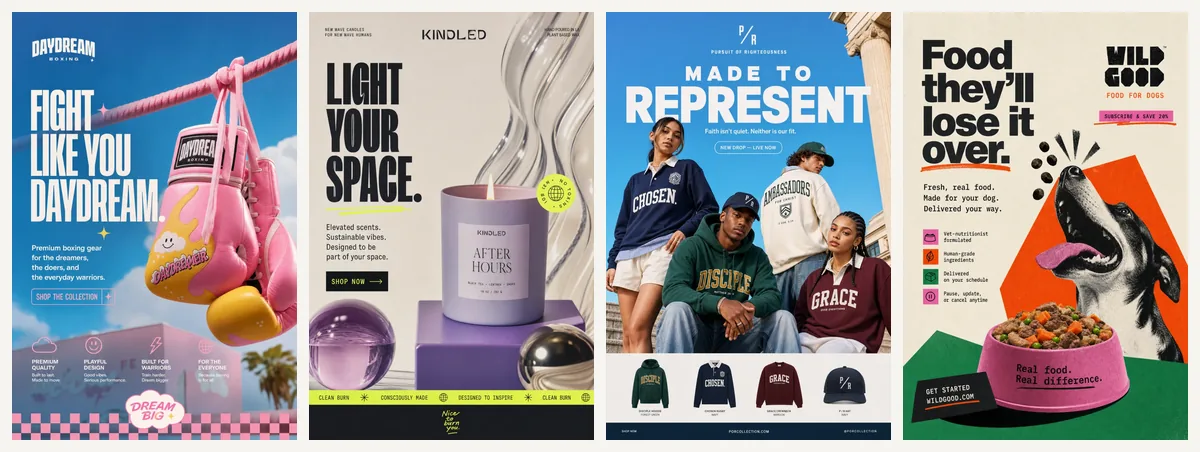 Four static image ads for a boxing brand, a candle, a streetwear label and dog food