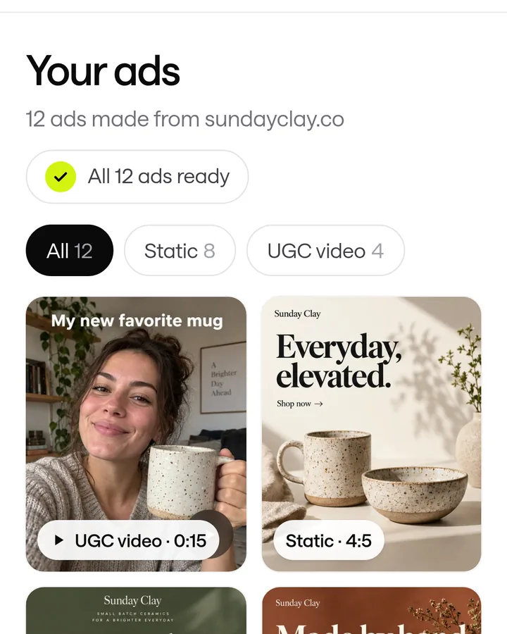 A grid of image and UGC video ads made in ScaleShot