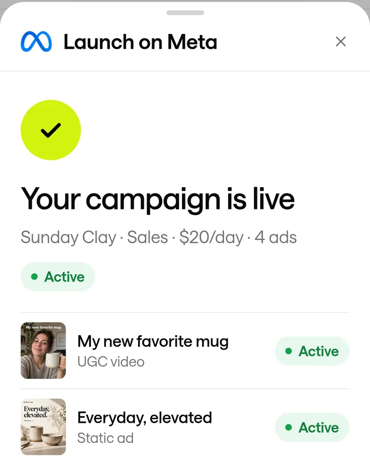 Ads launched to Meta from ScaleShot, each marked Active
