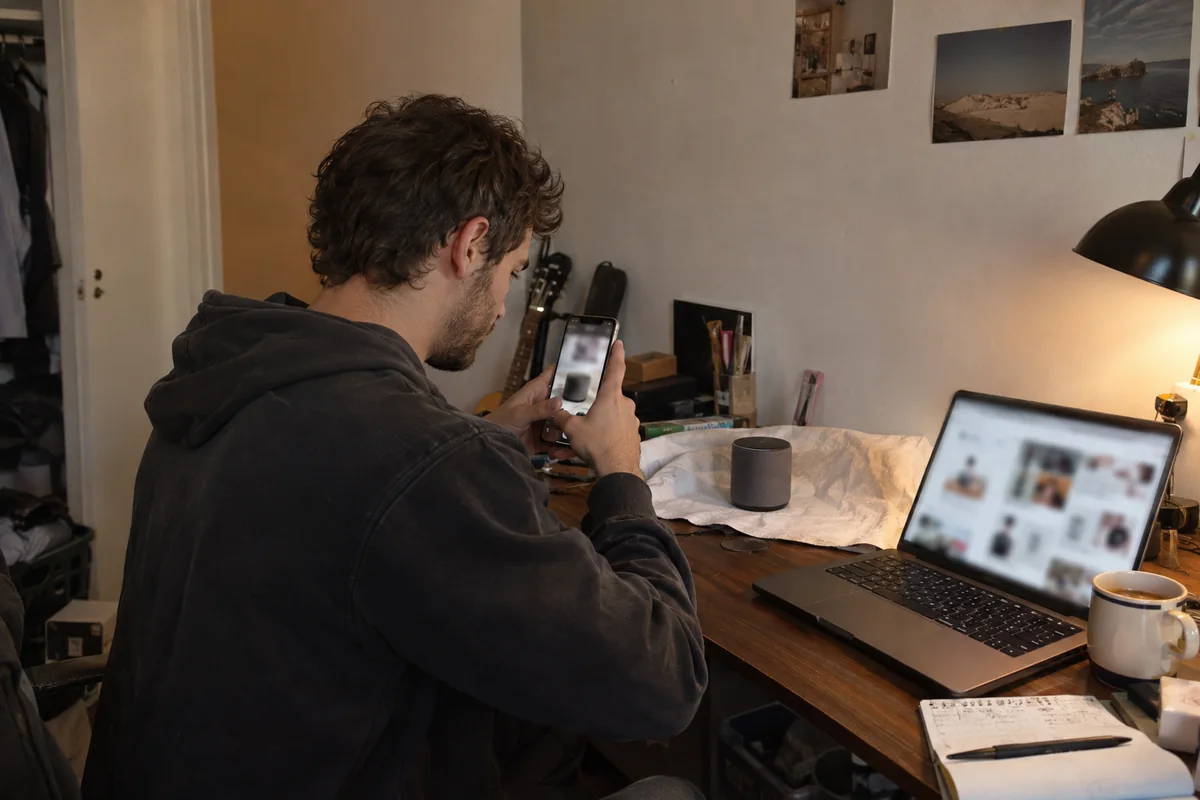 An owner filming their own work on a phone for an ad